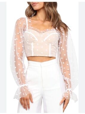 Away White Sheer Polka Dot Mesh Crop Top with Nude Bustier